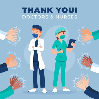 Teşekkürler doktorlar ve hemşireler. Cesur sağlık görevlilerine teşekkür ederim. Doktor bir kahraman. Koronavirüsle savaşmak için tıbbi personel ekibi. Eps10 vektör illüstrasyonu.