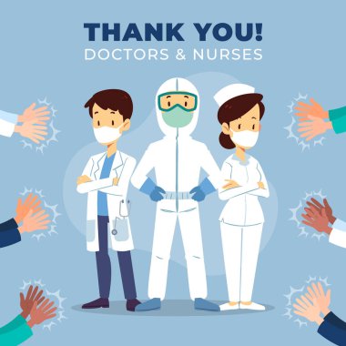 Teşekkürler doktorlar ve hemşireler. Cesur sağlık görevlilerine teşekkür ederim. Doktor bir kahraman. Koronavirüsle savaşmak için tıbbi personel ekibi. Eps10 vektör illüstrasyonu.