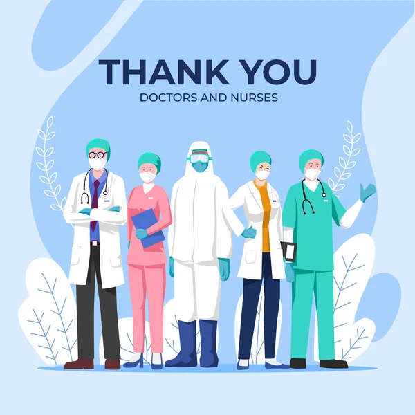 Teşekkürler doktorlar ve hemşireler. Cesur sağlık görevlilerine teşekkür ederim. Doktor bir kahraman. Koronavirüsle savaşmak için tıbbi personel ekibi. Eps10 vektör illüstrasyonu.