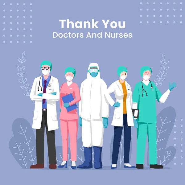 Teşekkürler doktorlar ve hemşireler. Cesur sağlık görevlilerine teşekkür ederim. Doktor bir kahraman. Koronavirüsle savaşmak için tıbbi personel ekibi. Eps10 vektör illüstrasyonu.