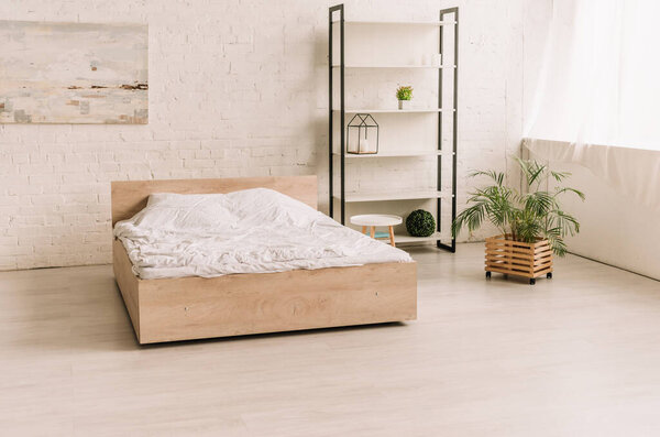 interior of spacious, modern bedroom with bed, rack and decorative potted plants