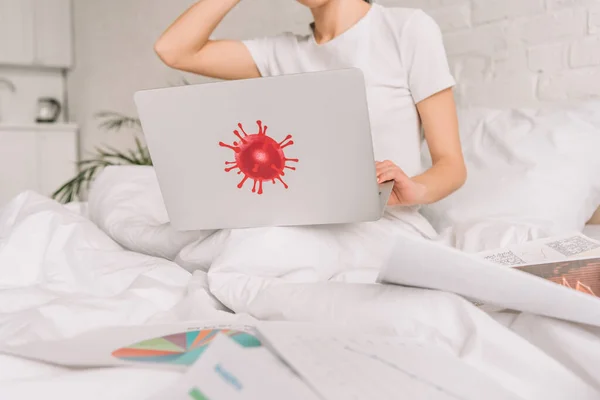 Cropped View Freelancer Working Bed Laptop Coronavirus Bacteria Sticker — Stock Photo, Image