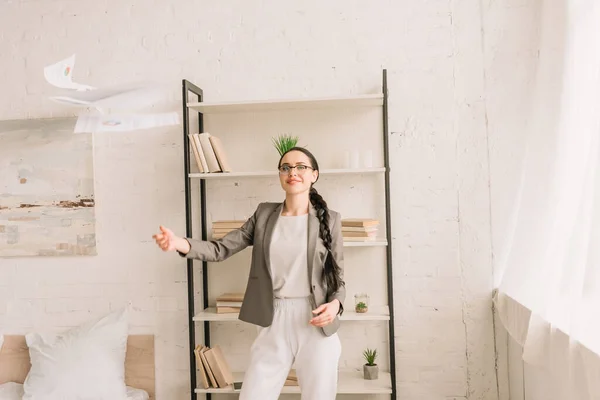 Happy Businesswoman Blazer Pajamas Throwing Documents While Looking Camera Bedroom — Stock Photo, Image