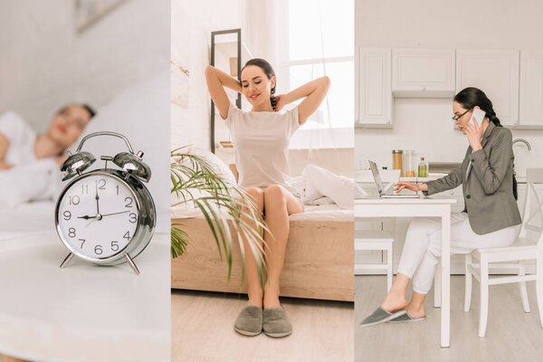 collage of young freelancer sleeping, awakening, and working at home while talking on smartphone and using laptop
