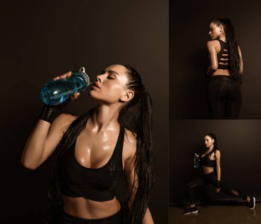 Seksi sporcu kadın kolajı su içiyor ve siyah üzerine atlıyor.