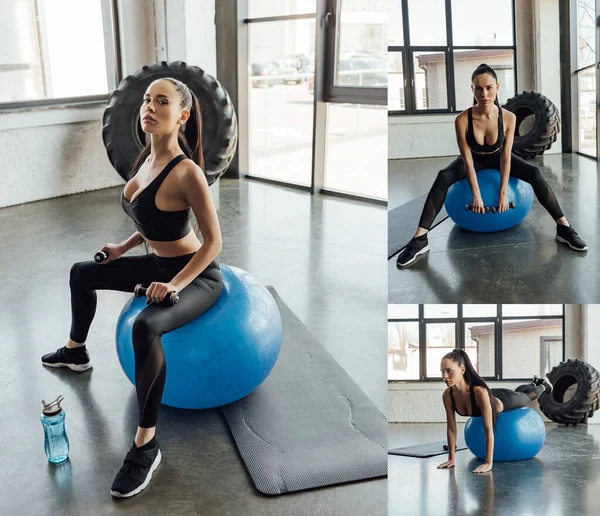 Collage Sexy Sportswoman Dumbbells Fitness Ball Fitness Mat Sports Bottle — Stock Photo, Image