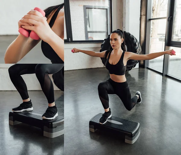 Collage Einer Sportlerin Mit Hanteltraining Auf Trittplattform Fitnessstudio — Stockfoto