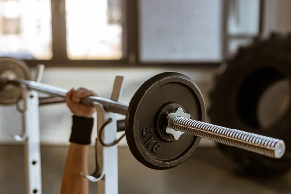 Cropped View Female Hand Barbell Gym — Stock Photo, Image