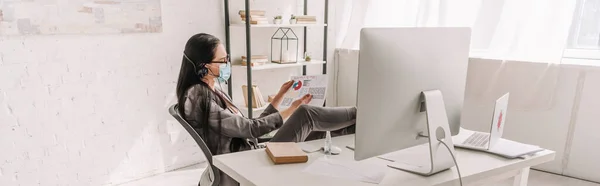 Panoramic shot of businesswoman in medical mask looking at papers near table with computer monitor while working at home — Stock Photo