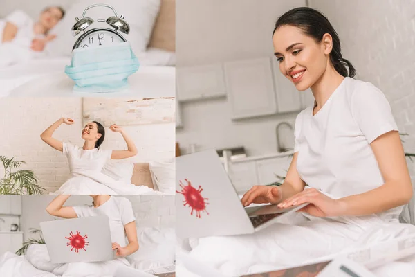 Collage del joven freelancer durmiendo cerca del despertador con máscara médica, despertando y trabajando en la cama en el portátil con la etiqueta engomada de bacterias coronavirus - foto de stock