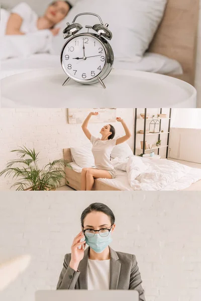 Collage de jeunes pigistes dormant, se réveillant le matin et parlant sur smartphone dans un masque médical à la maison — Photo de stock