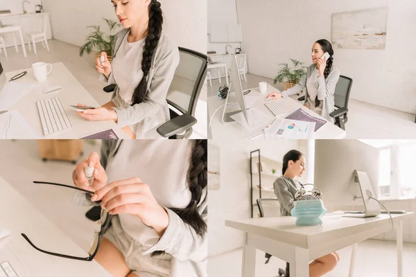 Collage of young freelancer working at home near computer monitor and using sanitizer — Stock Photo