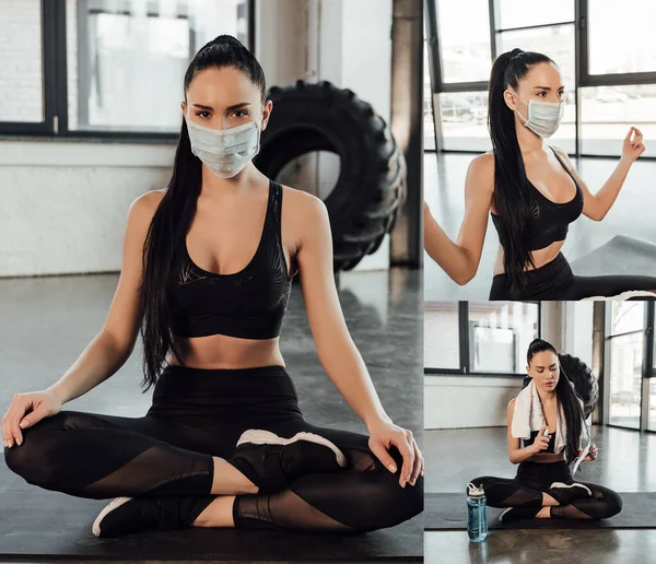 Коллаж спортсменки в медицинской маске и в позе лотоса медитирует и с помощью дезинфицирующего средства для рук на фитнес-коврик в тренажерном зале — стоковое фото
