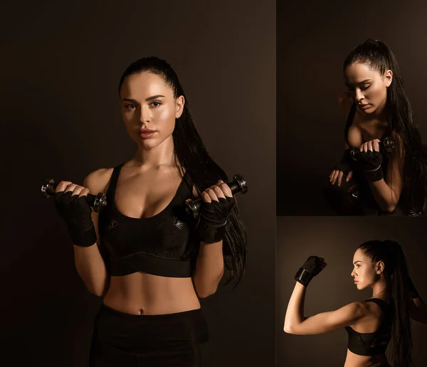 Collage of sportswoman training with dumbbells and looking at camera on black — Stock Photo