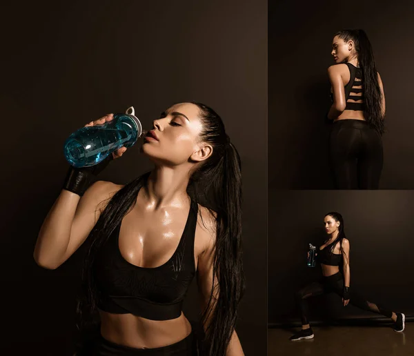 Коллаж сексуальной спортсменки, пьющей воду и делающей выпады на черном — стоковое фото