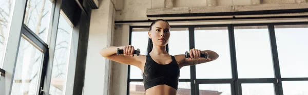 Panoramic shot of sportswoman training with dumbbells in gym — Stock Photo