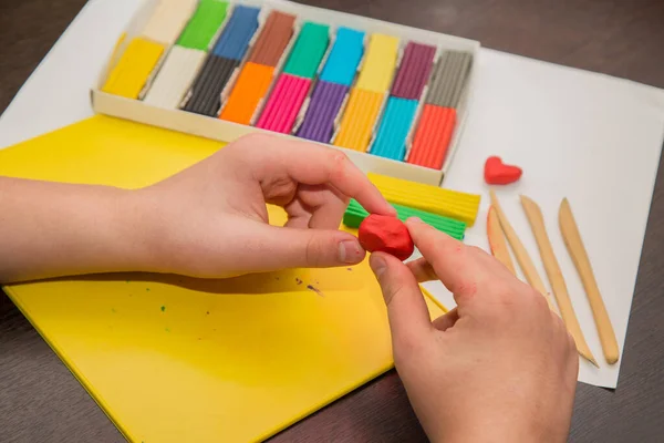 Çocuk renkli plastikten heykel yapmayı öğreniyor.