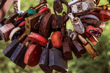 yeşil arkaplanda renkli metal kilitler