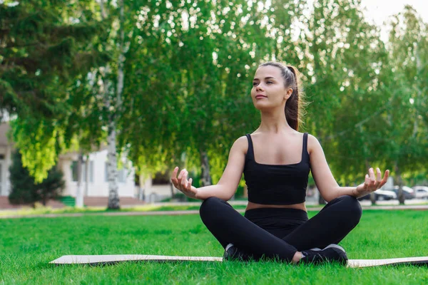 Vacker Ung Kvinna Som Utövar Yoga Parken — Stockfoto