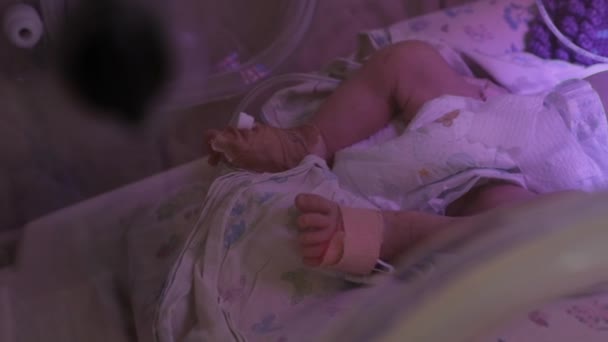 Närbild Babyfötter Inkubatorn Med Sensorer Och Rör Fästa Dem Ett — Stockvideo