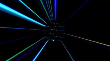 Parlayan güzel bir video, pürüzsüz, dikdörtgen çizgili renkli hareketleri düzenleyen parlak bir ışık, siyah arkaplan