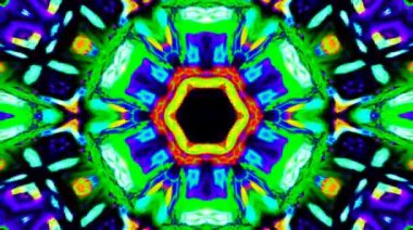 Fraktal tasarım kaleydoskop arkaplan hareketi şablonları ile Disco spektrum ışıkları konser spot lambaları soyut çok renkli hareketli arkaplan kusursuz döngü mandala sanatı