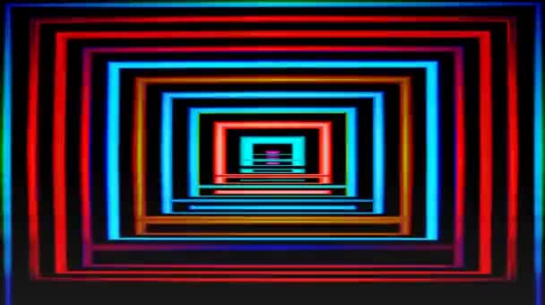 流畅的荧光动作 有三个美丽的颜色 形成一个圆形的标志 明亮而空白的线条 黑色背景上没有名字的标志 — 图库视频影像