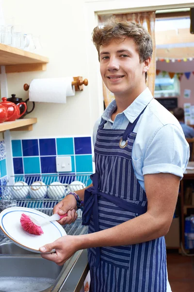 Teenage Boy Part Time Job Washing Coffee Shop — Stock Photo, Image