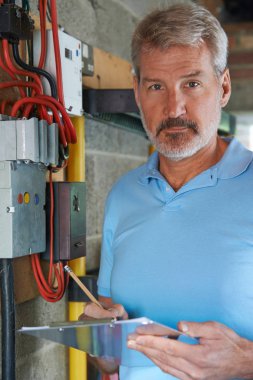 Elektrik sigortasının yanında duran elektrikçinin portresi