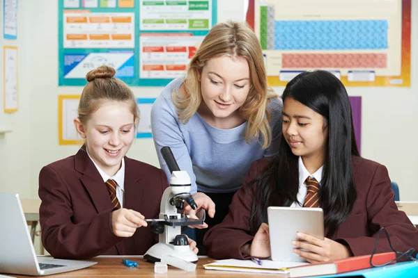 Professor com estudantes do sexo feminino usando microscópio na aula de ciências — Fotografia de Stock