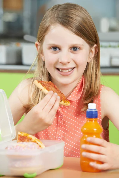 Female Pupil Sitting At Table In School Cafeteria Eating Unhealt — Stock Photo, Image