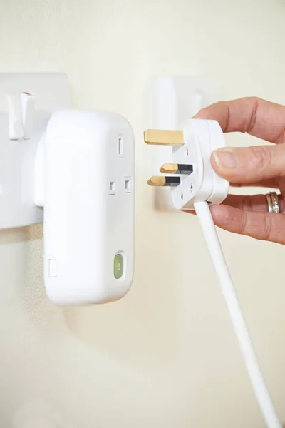 Woman Putting Plug Smart Electricity Socket — Stock Photo, Image