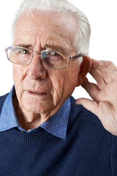 Studio Shot Of  Senior Man Suffering From Deafness — Stock Photo, Image