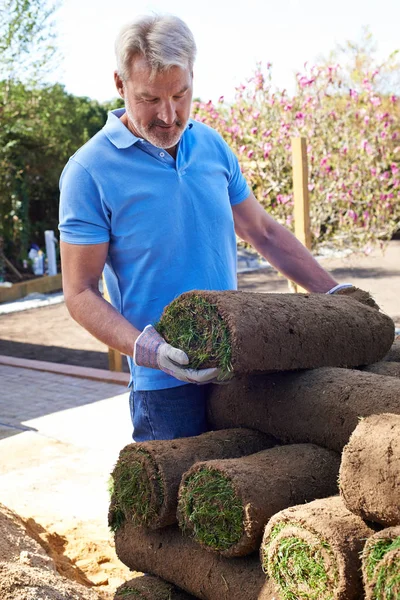 Paisaje jardinero que pone césped para el césped nuevo — Foto de Stock