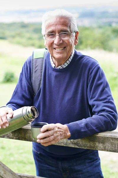 Senior Man On Hike Having Hot Drink — Stock Photo, Image