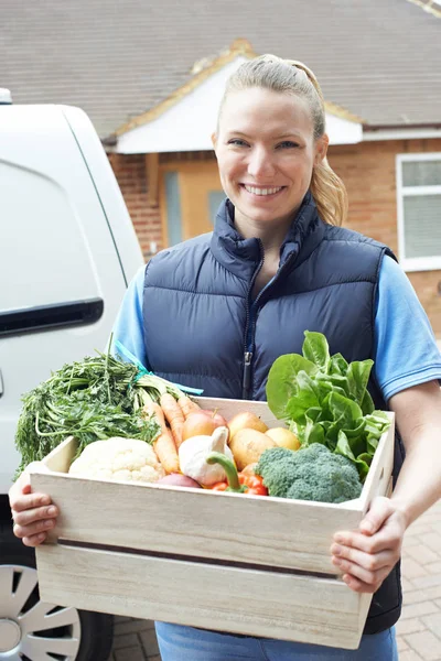 Woman Making Home Delivery Of Organic Vegetable Box — Stock Photo, Image