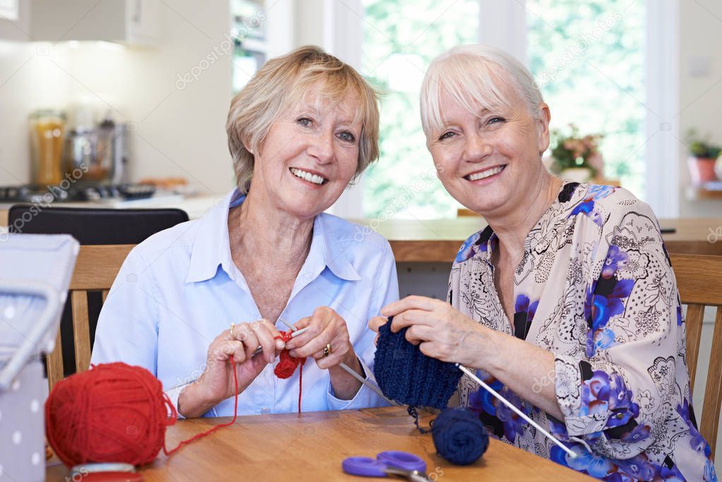 Portrait Of Two Senior Female Friends Knitting At Home Together