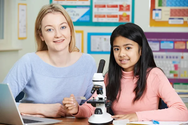 老师与女学生使用显微镜在 Scie 的肖像 — 图库照片