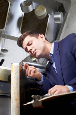 Health Inspector Looking At Oven In Commercial Kitchen clipart