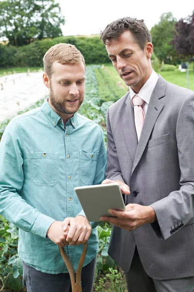 F の農民との会議中にデジタル タブレットを使用するビジネスマン — ストック写真