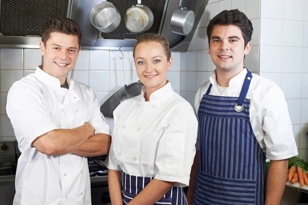 Portrait Of Chef And Staff Standing By Cooker In Kitchen — Stock Photo, Image
