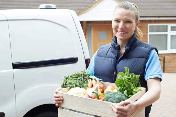 Жінка робить доставку додому органічної овочевої коробки — стокове фото