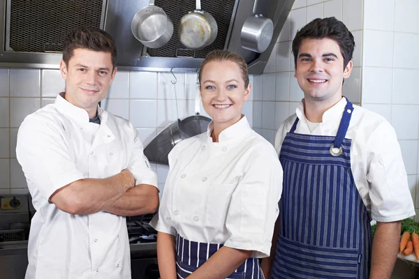 Portrait Of Chef And Staff Standing By Cooker In Kitchen — Stock Photo, Image