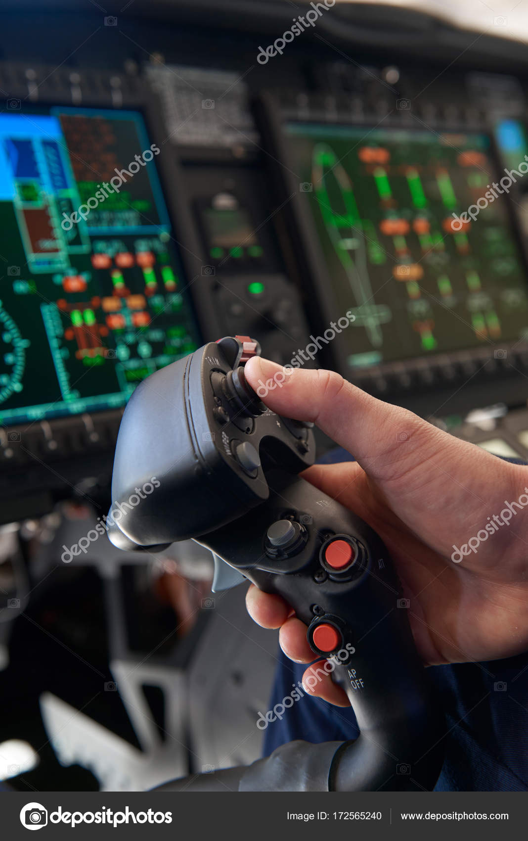 Close Up Pilot Holding Joystick In Helicopter Cockpit — Stock Photo