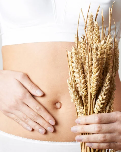 Close Up Of Woman Wearing Underwear Holding Bundle Of Wheat And — Stock Photo, Image