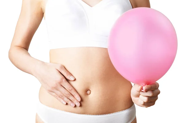 Close Up Of Woman Wearing Underwear Holding Pink Balloon And Tou — Stock Photo, Image