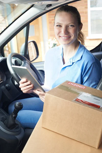Portrait Of Female Courier In Van With Digital Tablet Delivering — Stock Photo, Image