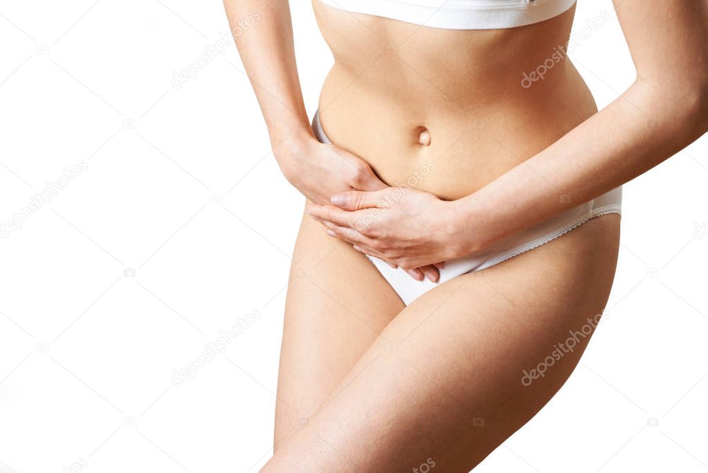 Closer Up Of Woman Wearing Underwear Suffering From Bladder Prob