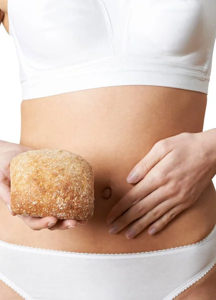 Close Up Of Woman Wearing Underwear Holding Bread Roll And Touch — Stock Photo, Image