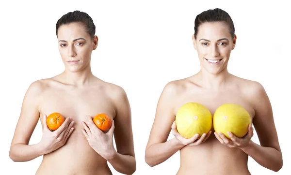 Kvinna som håller Satsumas och meloner för att illustrera bröst Enlargeme — Stockfoto